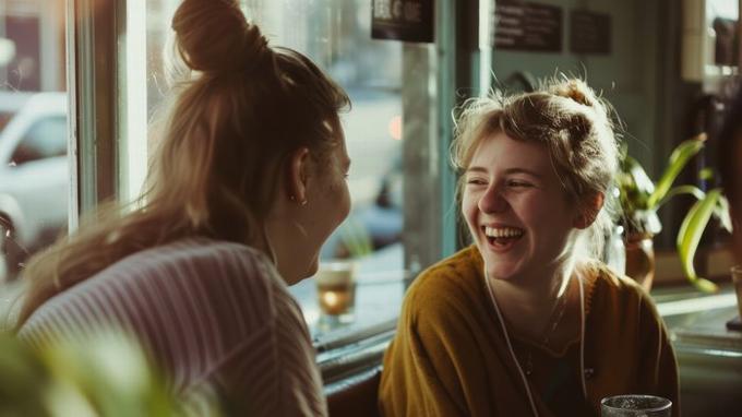 two young adults laughing and talking in the pub