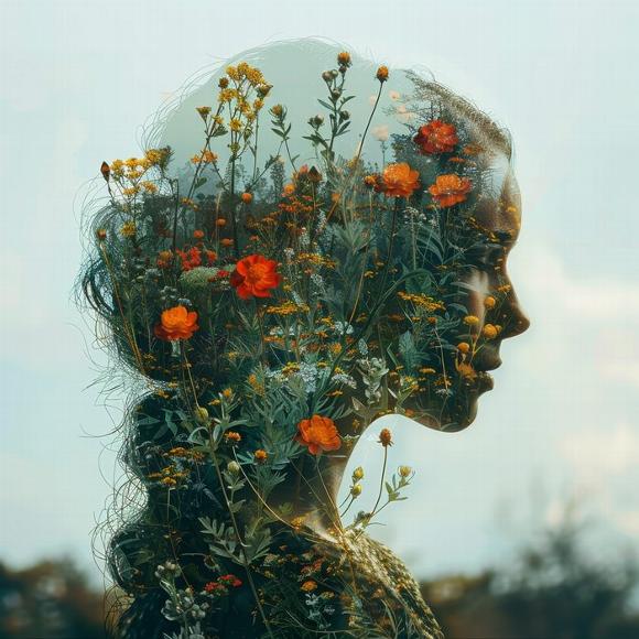 lady silhouette with flowers and landscapes in it